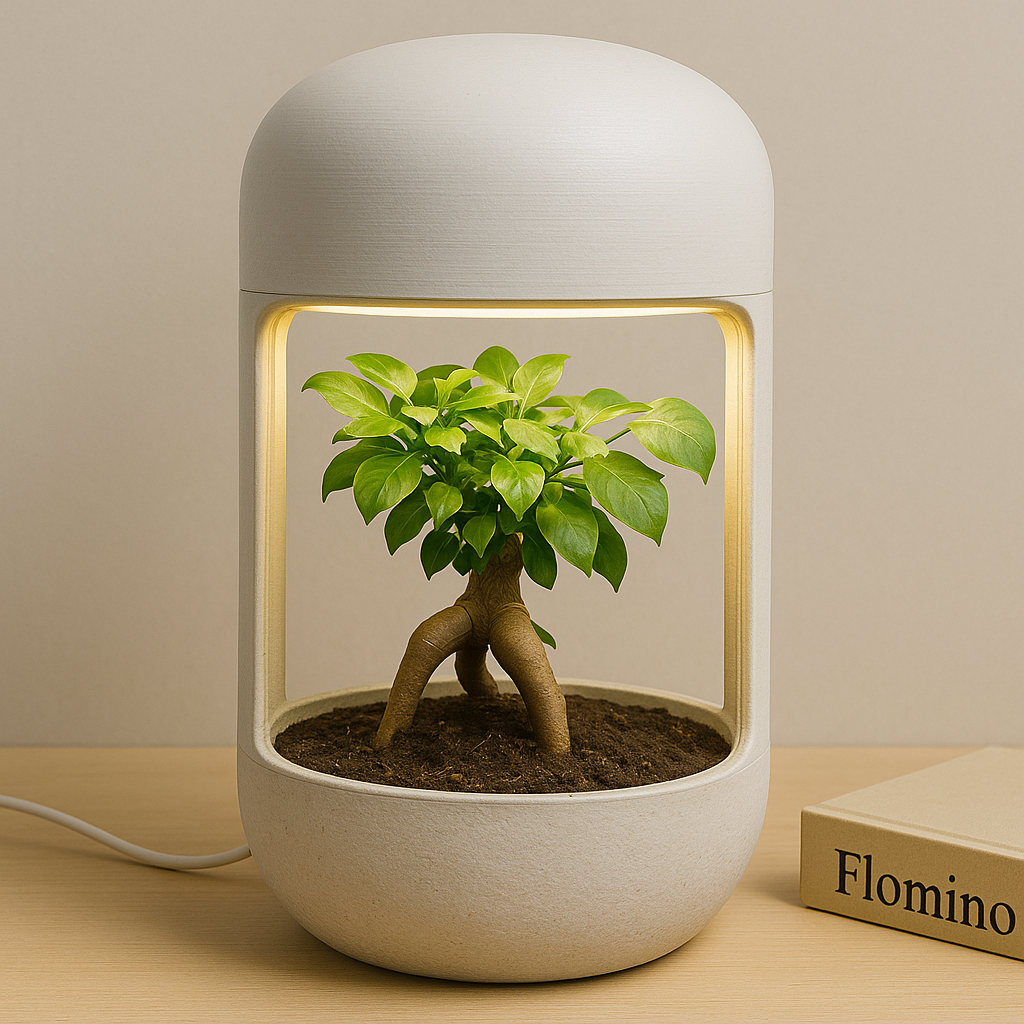 תקריב על מנורת LumiNest בגוון בז' עם כיפה ועציץ מובנה; בתוך העציץ בונסאי קטן ירוק. ברקע שולחן עץ וספר עם הכיתוב ‘Flomino’.