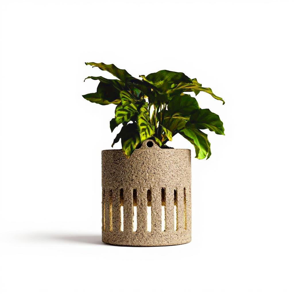 גוף תאורה FloraDesk בהיר עם חריצי אור, עציץ מובנה וצמח ירוק, על רקע לבן מינימליסטי