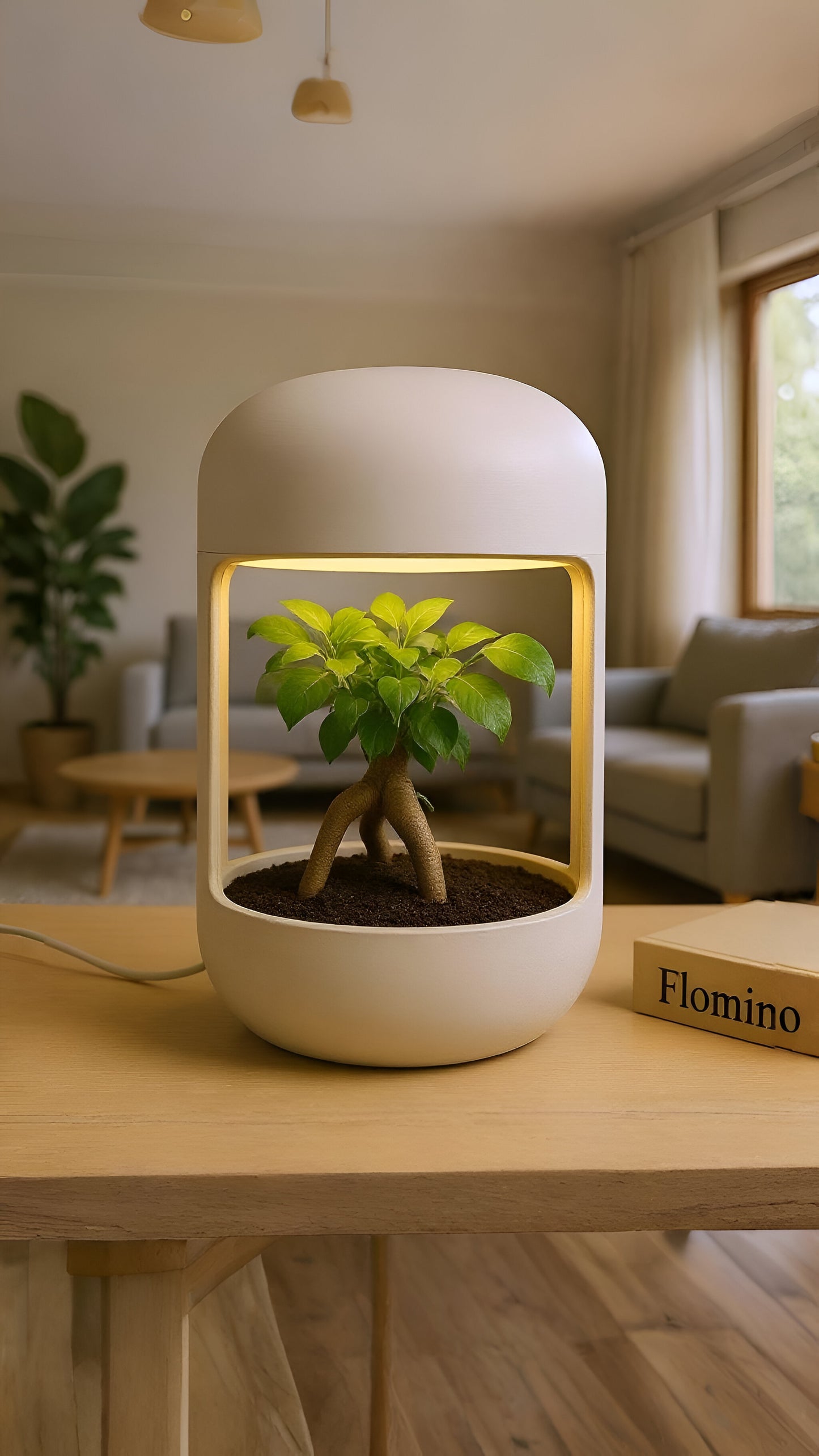 הדמיה של גוף תאורה שולחני LumiNest בגוון בז' עם עציץ מובנה ובו בונסאי קטן; המנורה מונחת על שולחן עץ בחלל סלון מעוצב עם ספה אפורה וחלונות גדולים.